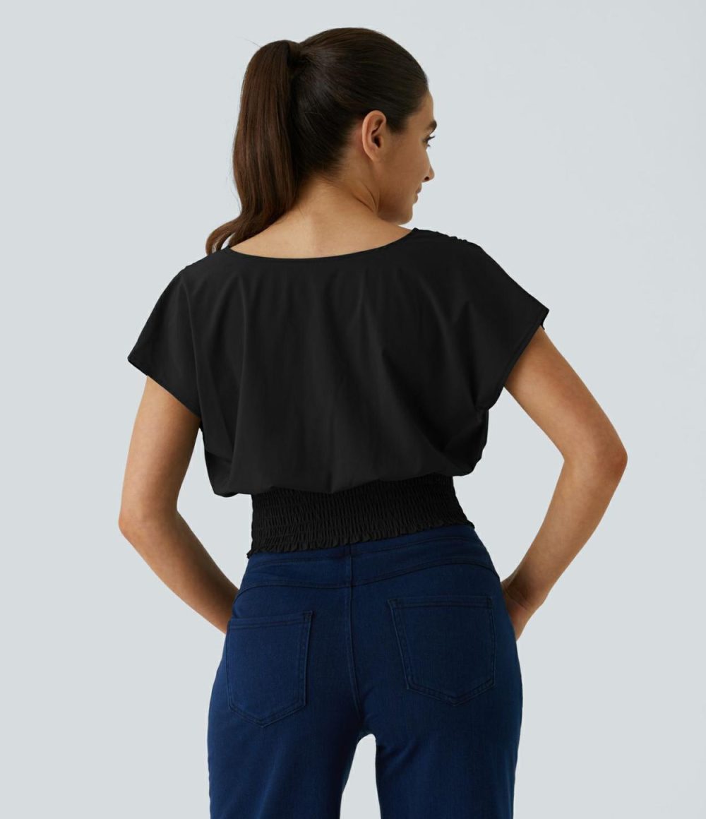 Breezeful™ V Neck Crossover Short Sleeve Shirred Hem Quick Dry Cropped Casual Top  | Womens  Cropped Tops Clothing Black/Stone Blue