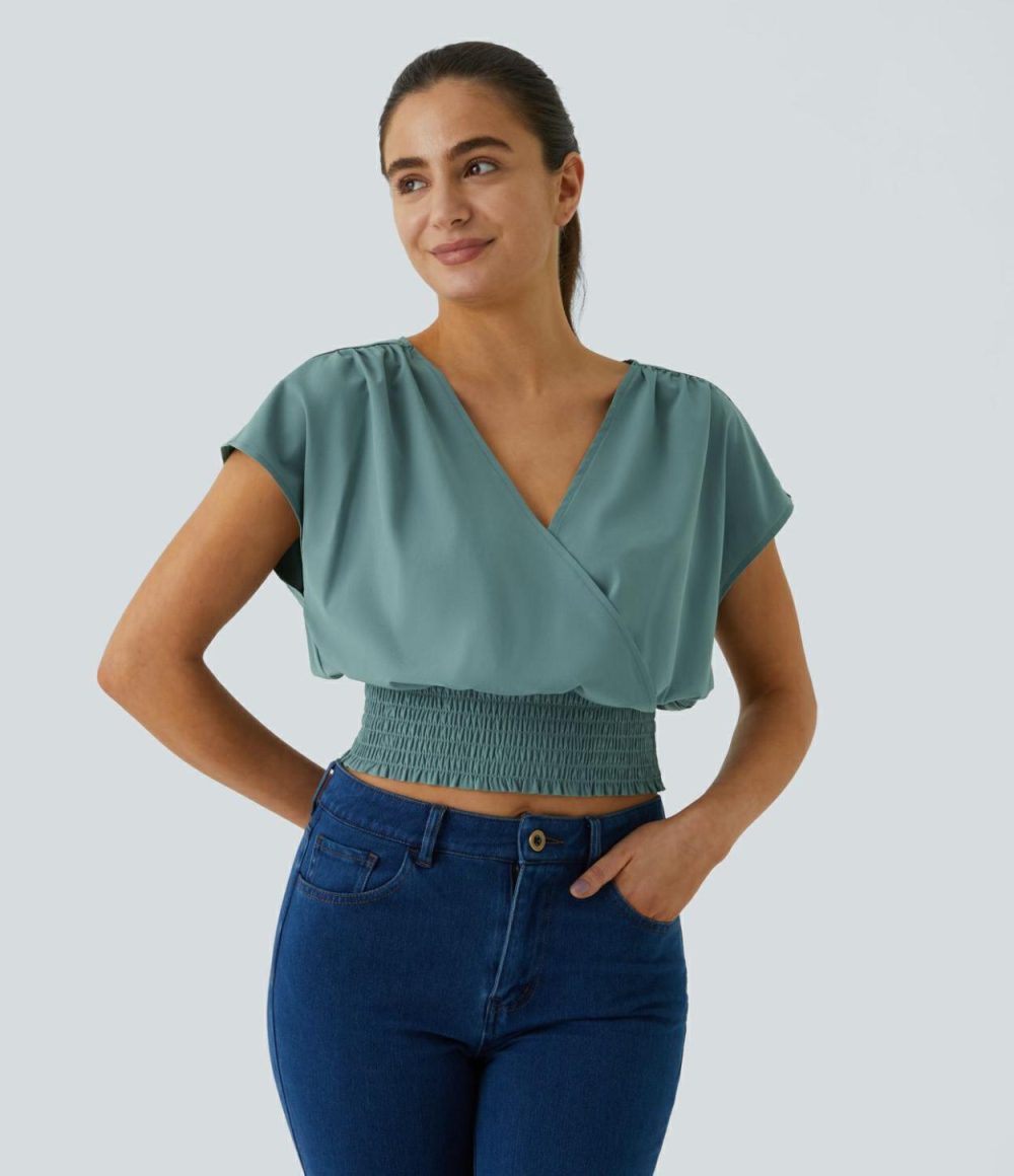 Breezeful™ V Neck Crossover Short Sleeve Shirred Hem Quick Dry Cropped Casual Top  | Womens  Cropped Tops Clothing Black/Stone Blue