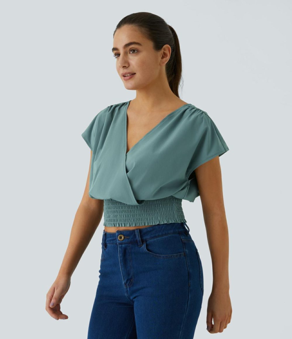 Breezeful™ V Neck Crossover Short Sleeve Shirred Hem Quick Dry Cropped Casual Top  | Womens  Cropped Tops Clothing Black/Stone Blue