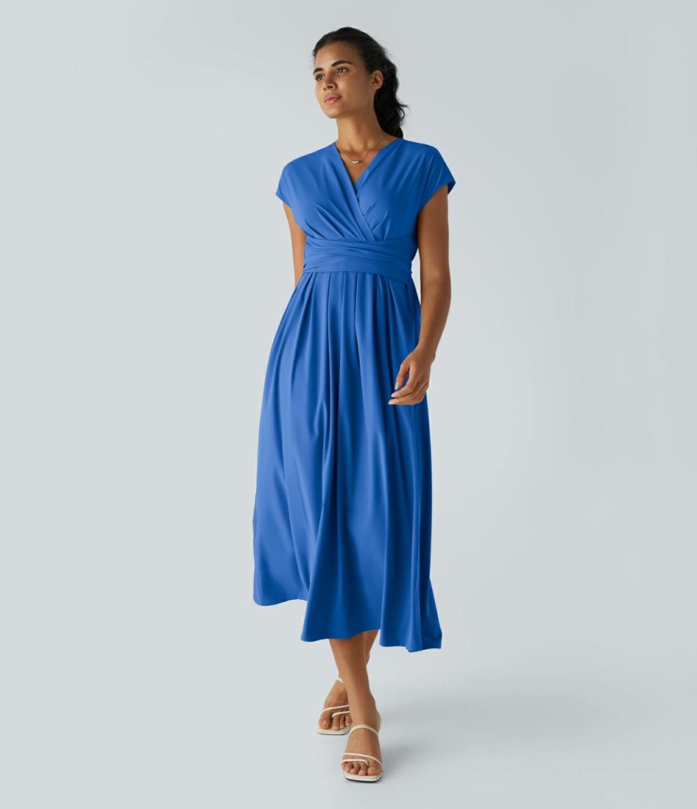 Breezeful™ V Neck Short Sleeve Side Pocket Tie Back Quick Dry Midi Casual Dress  | Womens  Flowy Dresses Clothing Flowy Dresses