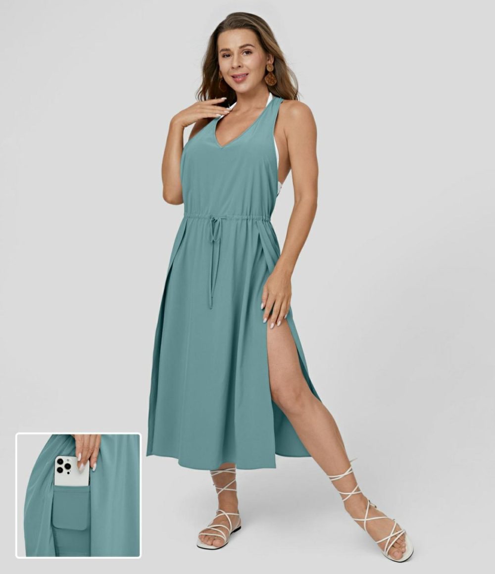 Breezeful™ V Neck Sleeveless Backless Drawstring Split 2-piece Side Pocket Flowy Quick Dry Casual Midi Dress  | Womens  Flowy Dresses Clothing Flowy Dresses