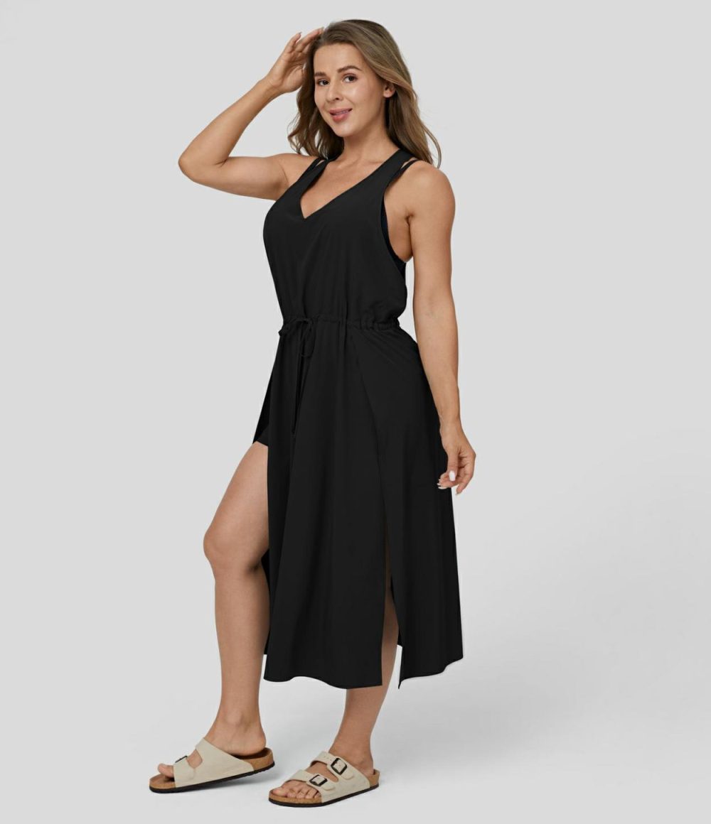 Breezeful™ V Neck Sleeveless Backless Drawstring Split 2-piece Side Pocket Flowy Quick Dry Casual Midi Dress  | Womens  Flowy Dresses Clothing Flowy Dresses