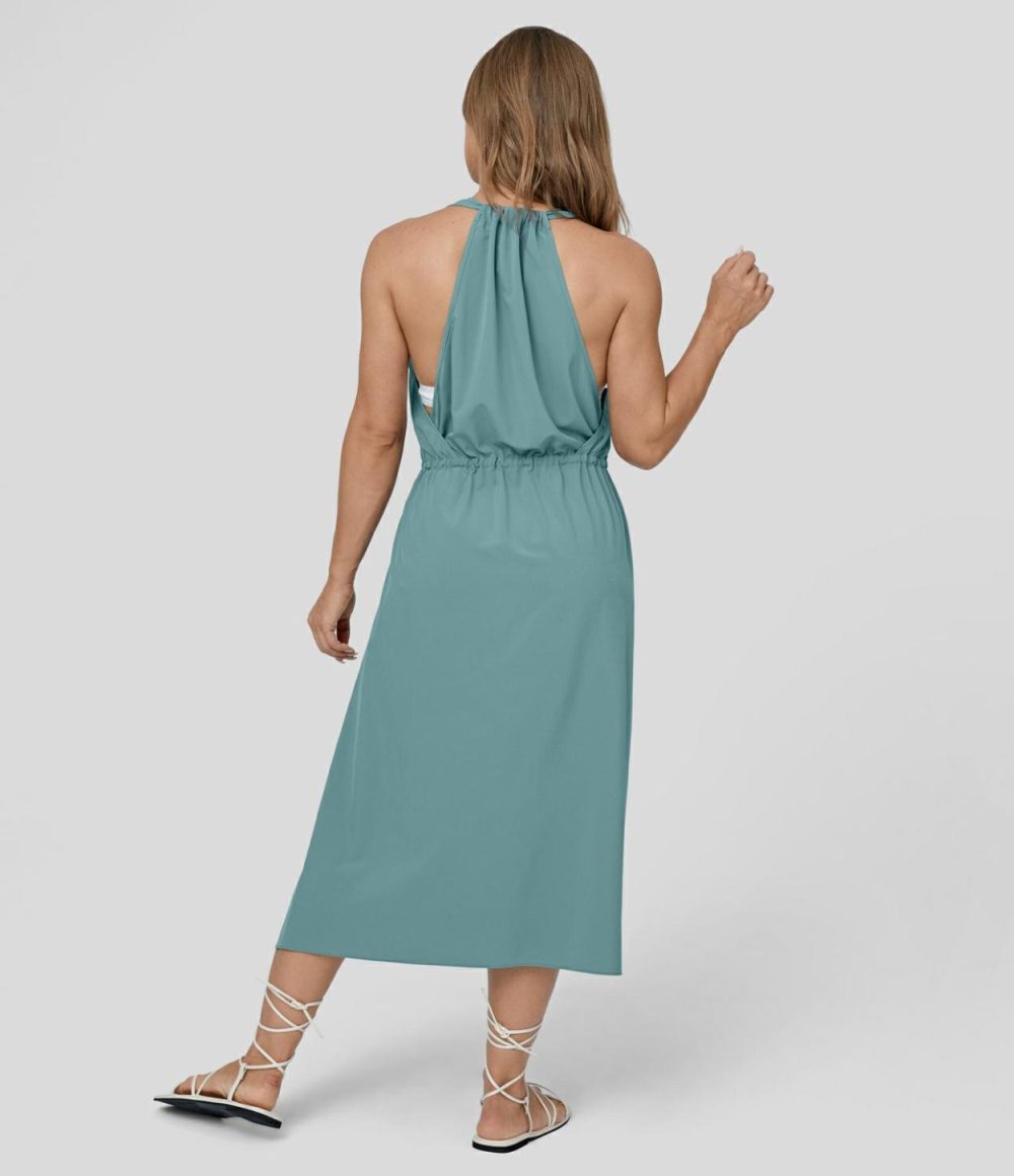 Breezeful™ V Neck Sleeveless Backless Drawstring Split 2-piece Side Pocket Flowy Quick Dry Casual Midi Dress  | Womens  Flowy Dresses Clothing Flowy Dresses