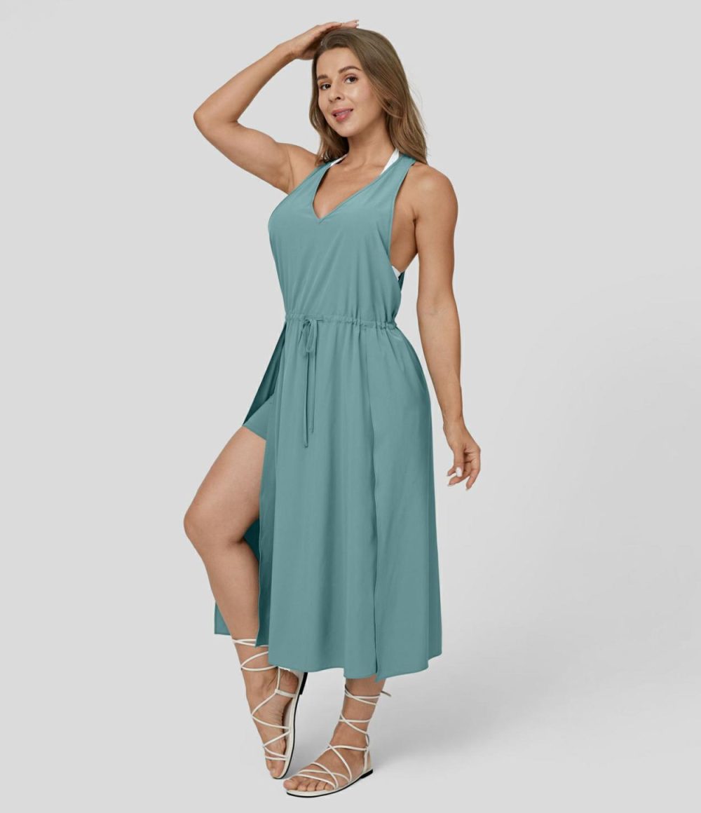 Breezeful™ V Neck Sleeveless Backless Drawstring Split 2-piece Side Pocket Flowy Quick Dry Casual Midi Dress  | Womens  Flowy Dresses Clothing Flowy Dresses