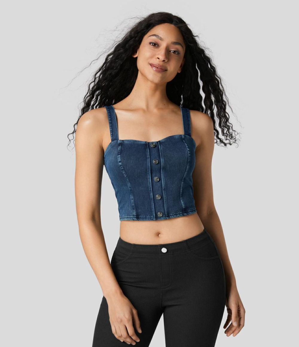 Button Cropped Skinny Stretchy Knit Denim Casual Tank Top  | Womens  Denim Shorts Clothing Denim Deep Sea Blue/Dark Grey Denim/Black