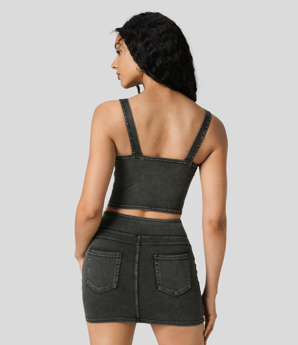 Button Cropped Skinny Stretchy Knit Denim Casual Tank Top  | Womens  Denim Shorts Clothing Denim Deep Sea Blue/Dark Grey Denim/Black