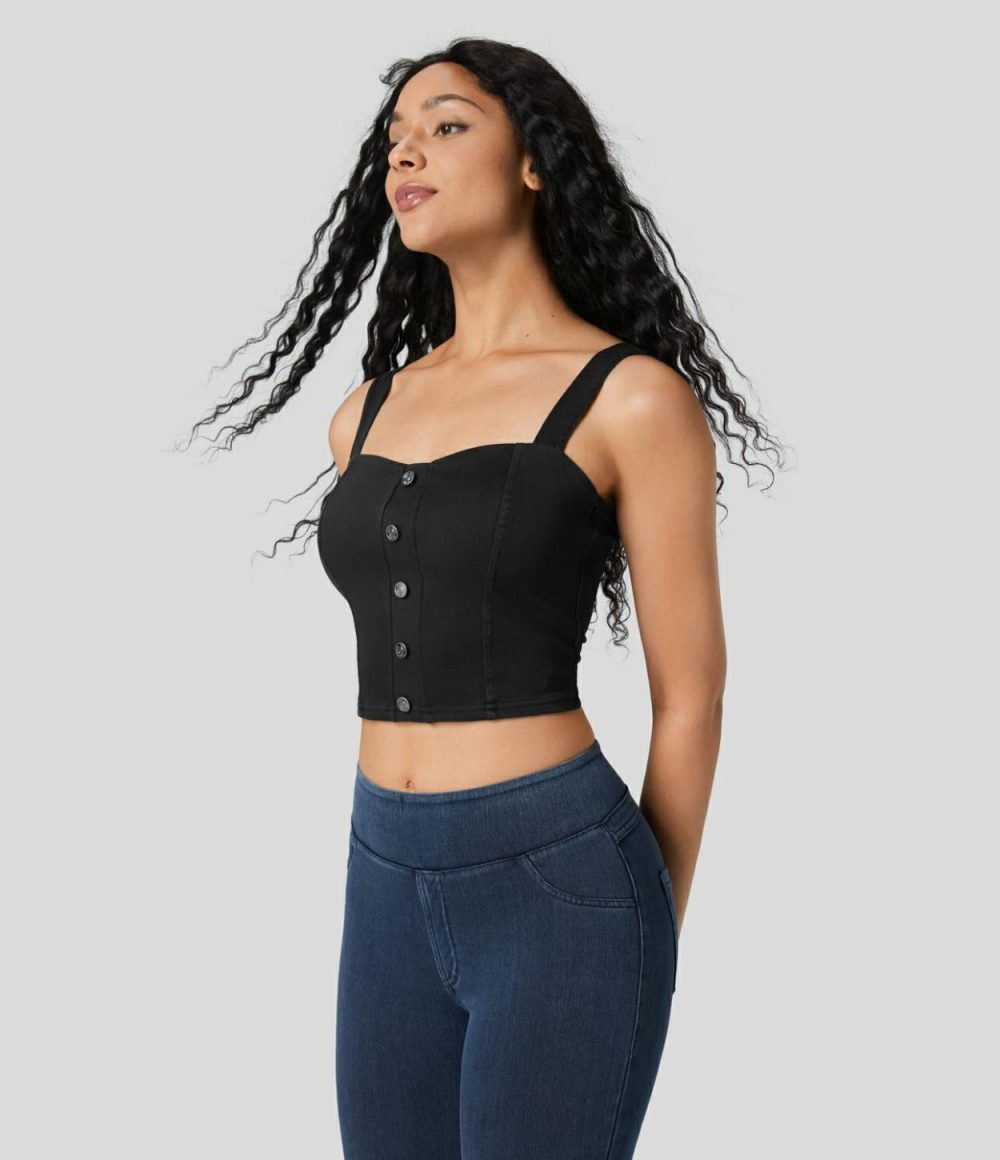 Button Cropped Skinny Stretchy Knit Denim Casual Tank Top  | Womens  Denim Shorts Clothing Denim Deep Sea Blue/Dark Grey Denim/Black