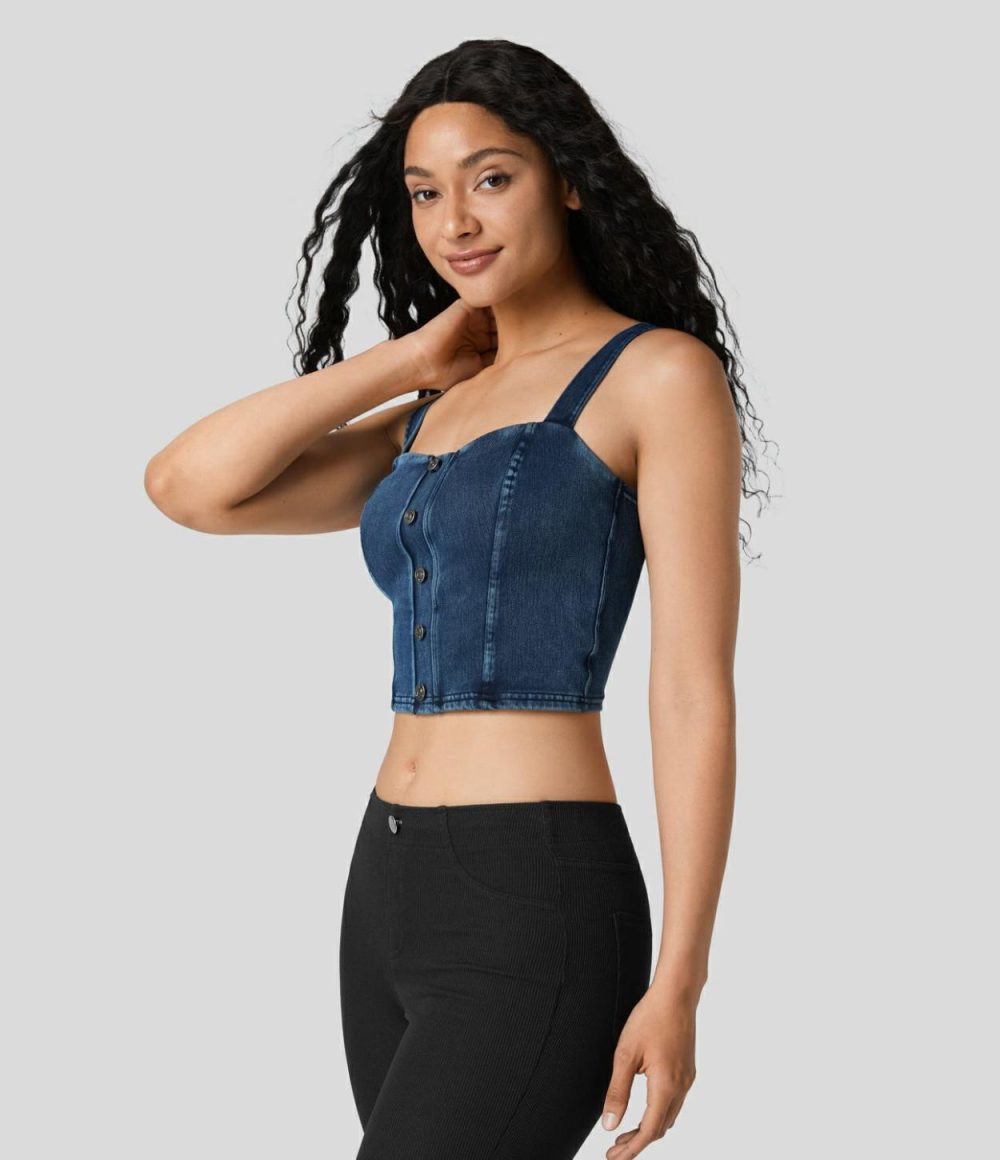 Button Cropped Skinny Stretchy Knit Denim Casual Tank Top  | Womens  Denim Shorts Clothing Denim Deep Sea Blue/Dark Grey Denim/Black