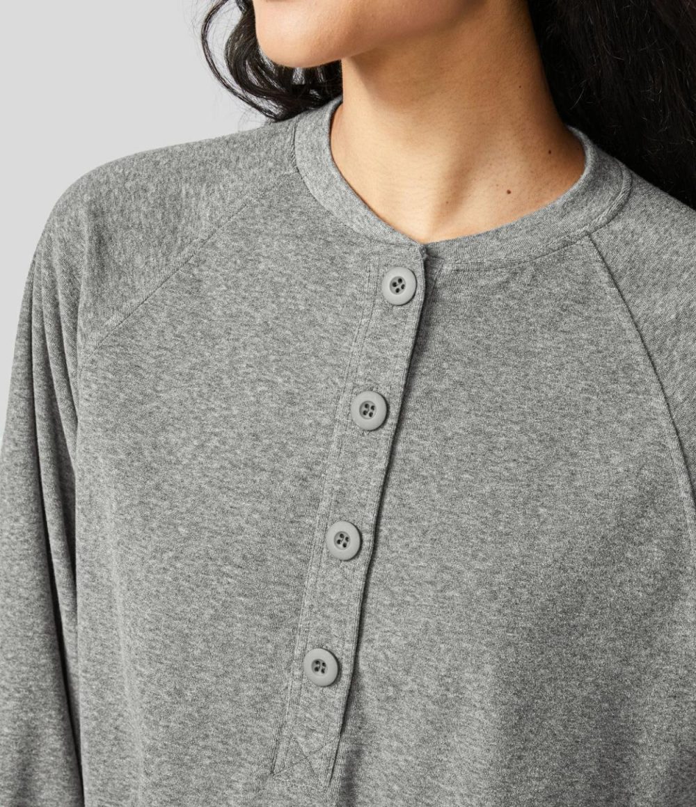 Button Raglan Sleeve Adjustable Drawstring Hem Casual Sweatshirt  | Womens  Long Sleeve Tops Clothing Dark Mottled Grey/Apricot Flower Gray