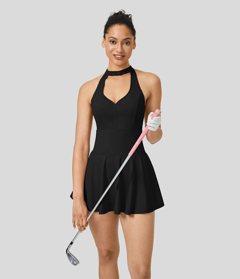 Button V Neck Racerback Sleeveless 2-Piece Side Pocket Flare Mini Quick Dry Golf Active Dress-Golf Tee Pocket  | Womens  Active Dresses Active Dresses Active Dresses