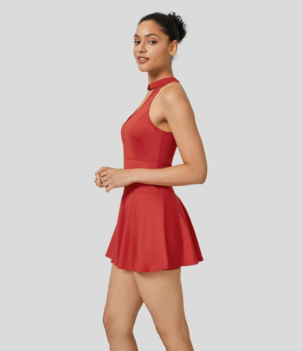 Button V Neck Racerback Sleeveless 2-Piece Side Pocket Flare Mini Quick Dry Golf Active Dress-Golf Tee Pocket  | Womens  Active Dresses Active Dresses Active Dresses