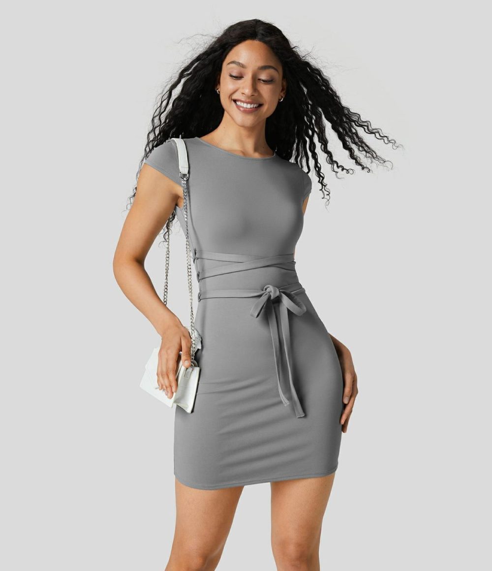 Cap Sleeve Crisscross Belted Bodycon Mini Casual Dress  | Womens  Mini Dresses Clothing Camellia Rose/Ultimate Gray