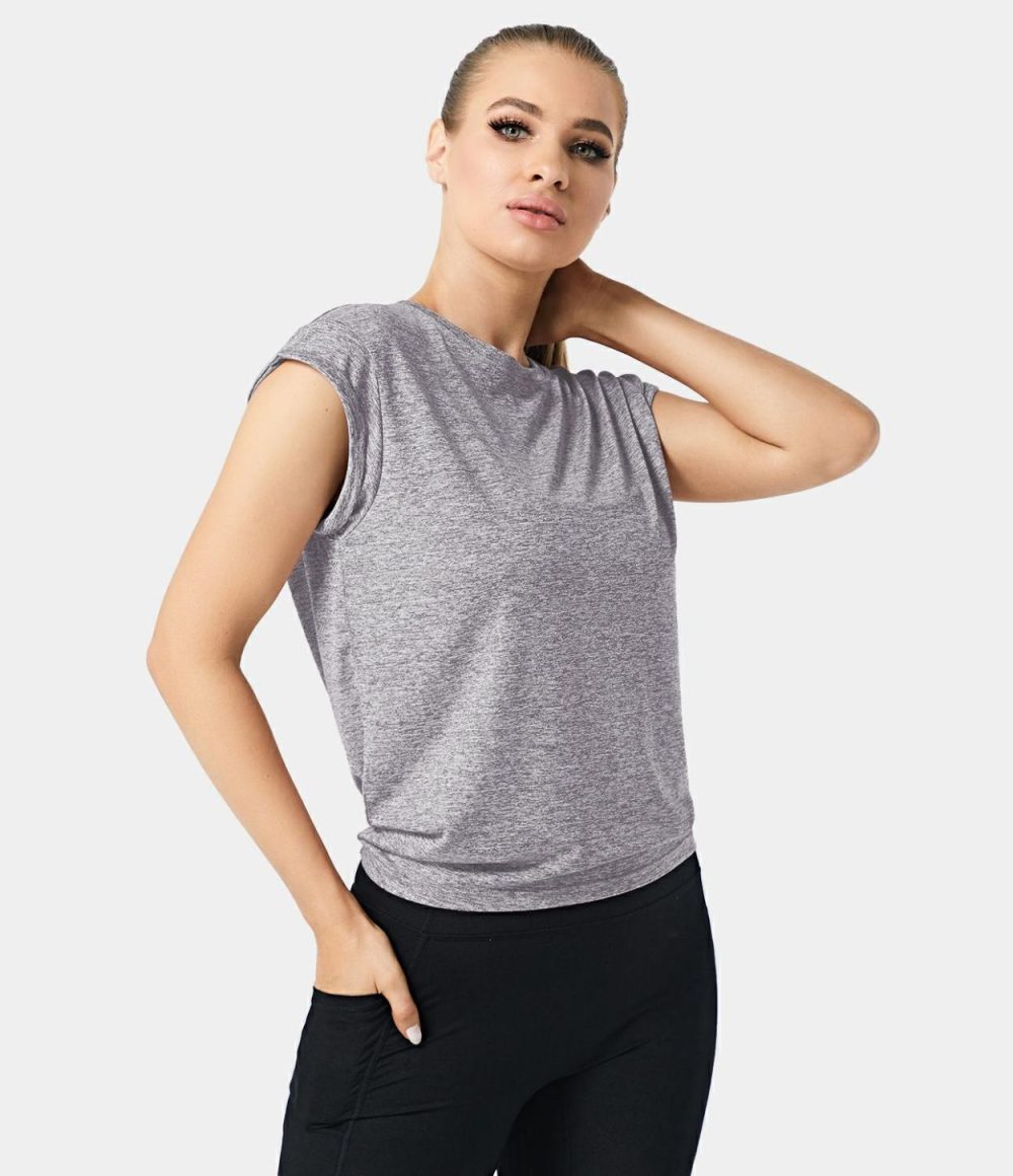 Cap Sleeve Cut Out Split Hem Tie Back Sports Top  | Womens  Sports Tops Clothing Ash Pink/Cloud Grey/Spring Green