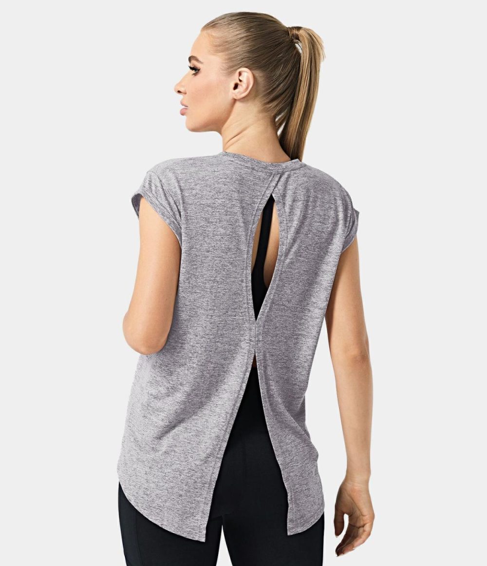 Cap Sleeve Cut Out Split Hem Tie Back Sports Top  | Womens  Sports Tops Clothing Ash Pink/Cloud Grey/Spring Green