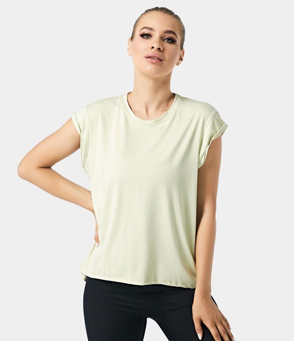 Cap Sleeve Cut Out Split Hem Tie Back Sports Top  | Womens  Sports Tops Clothing Ash Pink/Cloud Grey/Spring Green