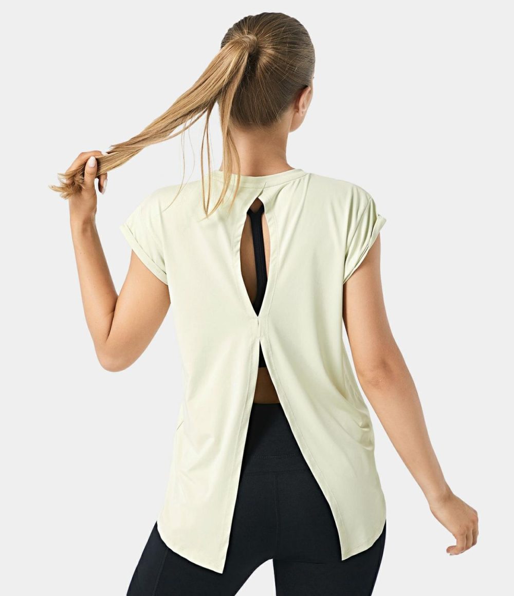 Cap Sleeve Cut Out Split Hem Tie Back Sports Top  | Womens  Sports Tops Clothing Ash Pink/Cloud Grey/Spring Green