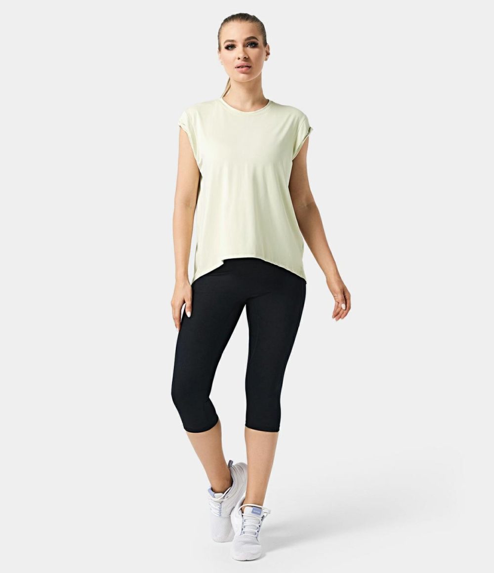 Cap Sleeve Cut Out Split Hem Tie Back Sports Top  | Womens  Sports Tops Clothing Ash Pink/Cloud Grey/Spring Green