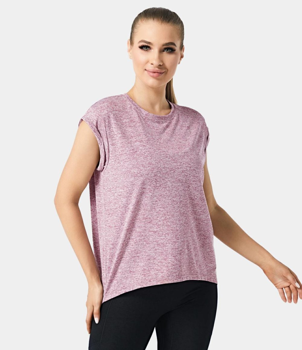 Cap Sleeve Cut Out Split Hem Tie Back Sports Top  | Womens  Sports Tops Clothing Ash Pink/Cloud Grey/Spring Green