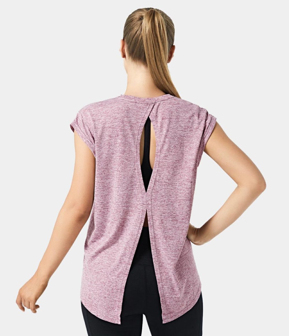 Cap Sleeve Cut Out Split Hem Tie Back Sports Top  | Womens  Sports Tops Clothing Ash Pink/Cloud Grey/Spring Green