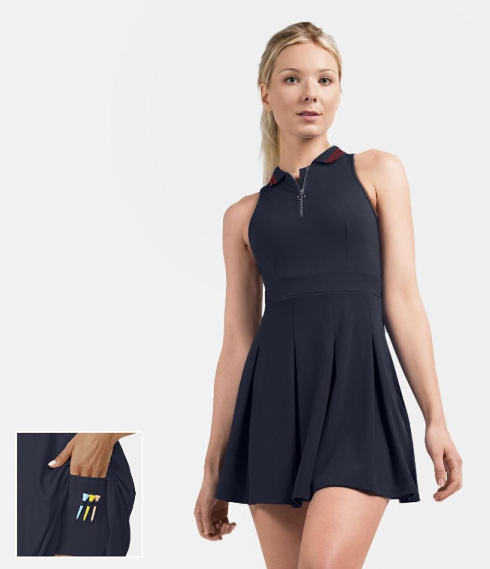 Collar Half Zip 2-Piece Pocket Pleated Golf Active Dress-Golf Tee Pocket  | Womens  Active Dresses Active Dresses Active Dresses