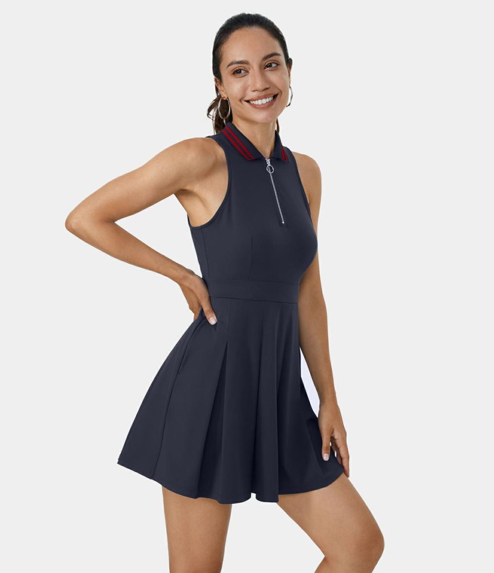 Collar Half Zip 2-Piece Pocket Pleated Golf Active Dress-Golf Tee Pocket  | Womens  Active Dresses Active Dresses Active Dresses