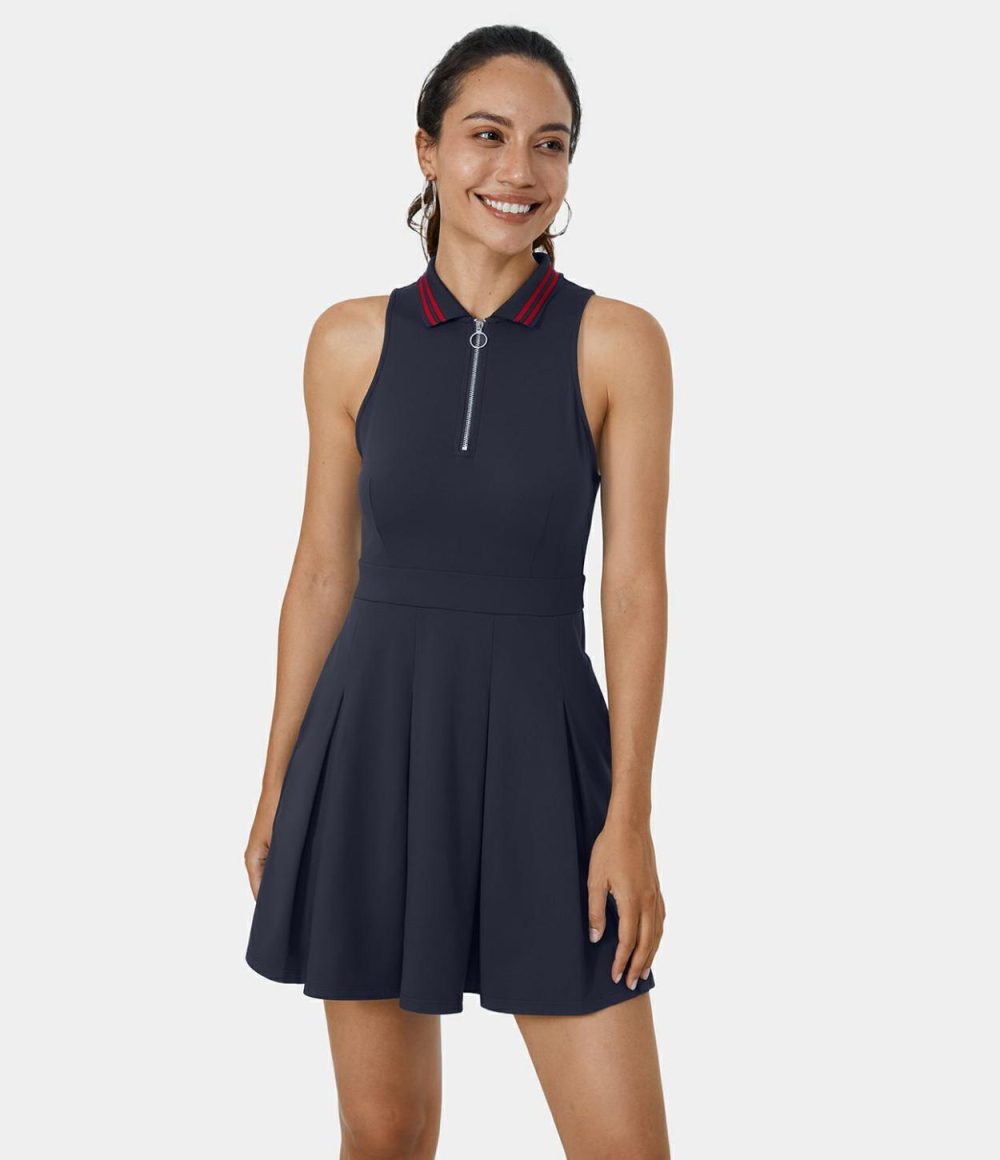 Collar Half Zip 2-Piece Pocket Pleated Golf Active Dress-Golf Tee Pocket  | Womens  Active Dresses Active Dresses Active Dresses