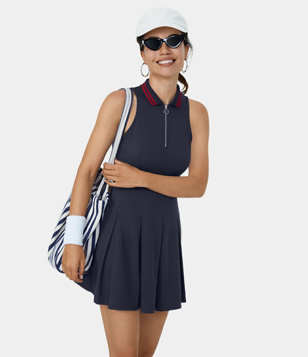 Collar Half Zip 2-Piece Pocket Pleated Golf Active Dress-Golf Tee Pocket  | Womens  Active Dresses Active Dresses Active Dresses