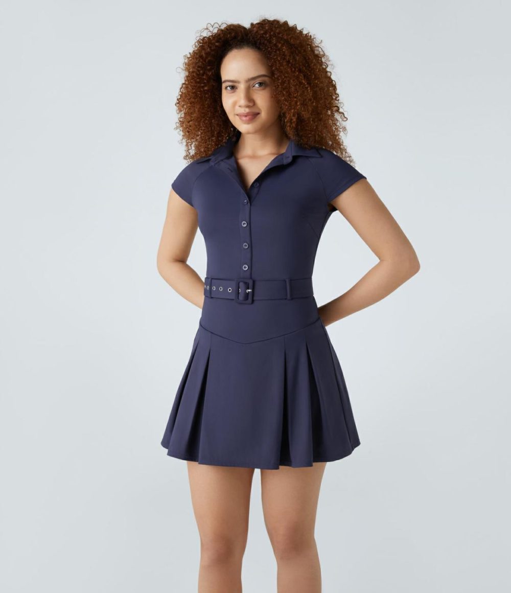 Collared Button Cap Sleeve Belted Pleated Quick Dry Mini Golf Active Dress  | Womens  Active Dresses Active Dresses Active Dresses