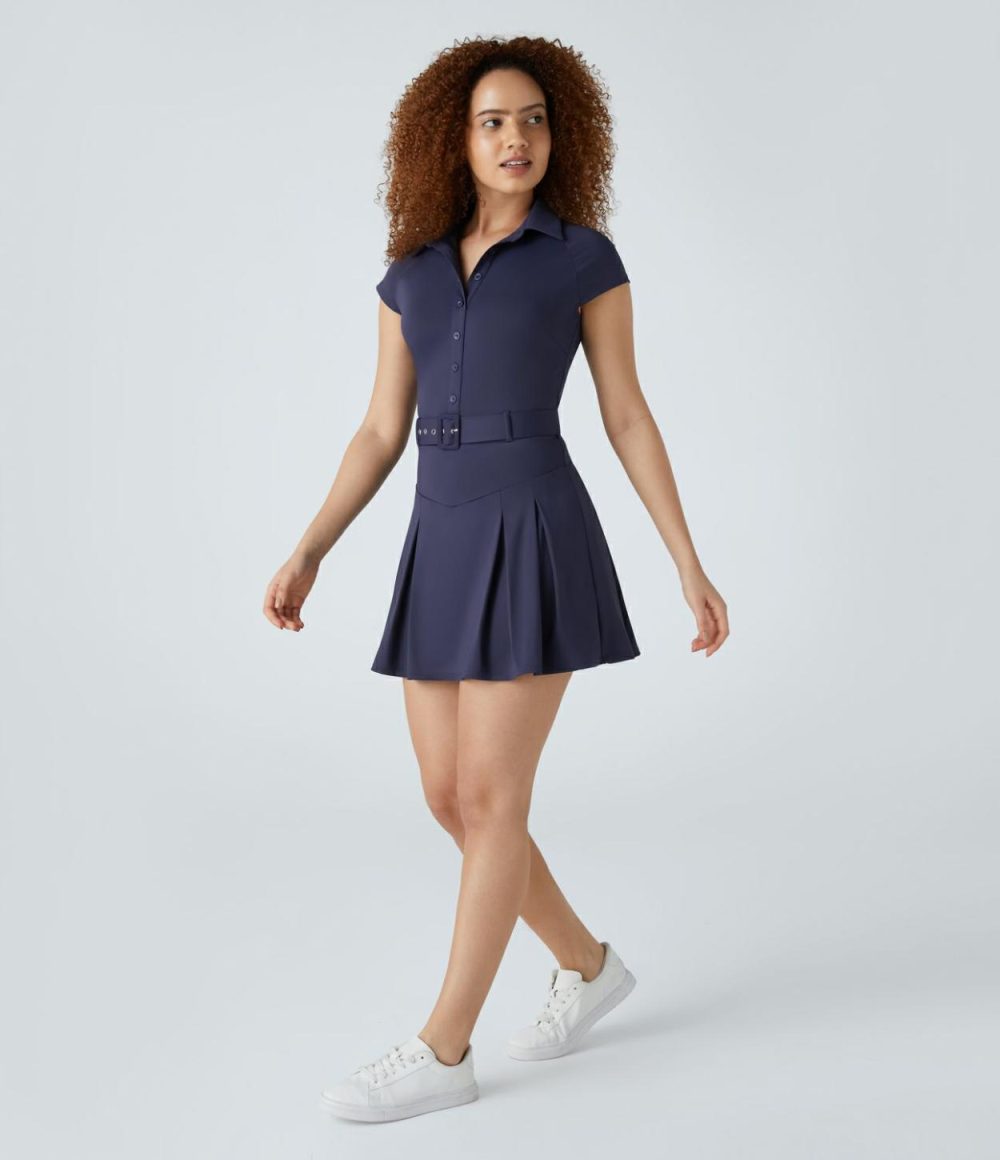 Collared Button Cap Sleeve Belted Pleated Quick Dry Mini Golf Active Dress  | Womens  Active Dresses Active Dresses Active Dresses