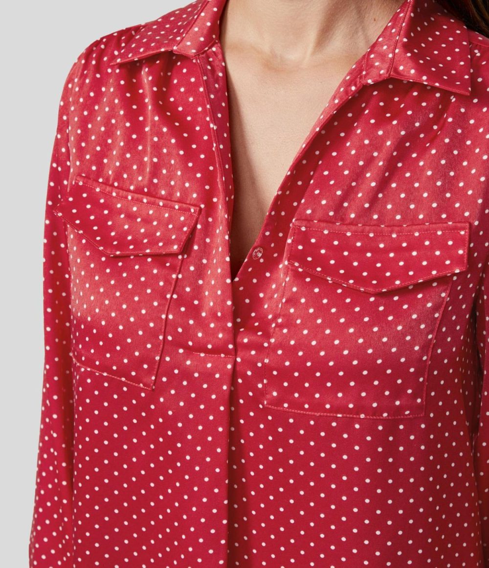 Collared Button Chest Pocket Long Sleeve Polka Dot Work Shirt  | Womens  T-Shirts Clothing Black Polka Dots/Red Polka Dots