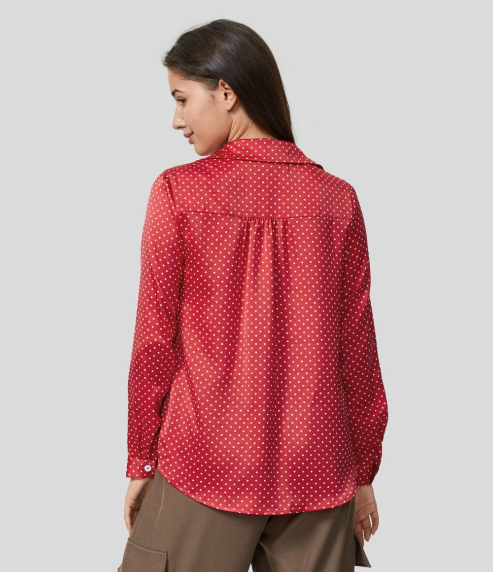 Collared Button Chest Pocket Long Sleeve Polka Dot Work Shirt  | Womens  T-Shirts Clothing Black Polka Dots/Red Polka Dots