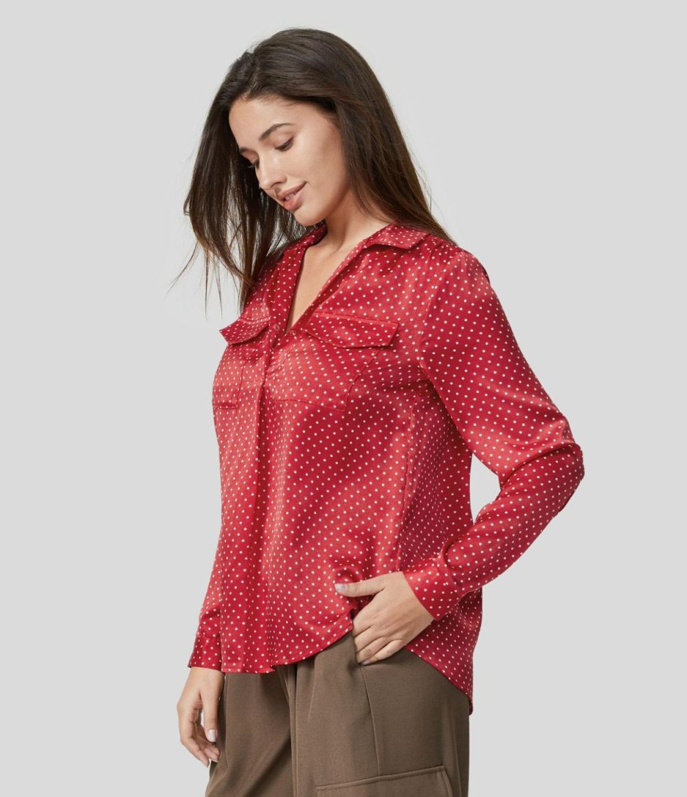 Collared Button Chest Pocket Long Sleeve Polka Dot Work Shirt  | Womens  T-Shirts Clothing Black Polka Dots/Red Polka Dots