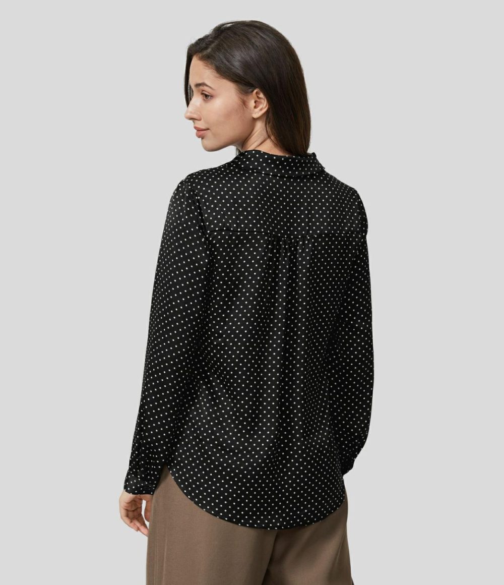 Collared Button Chest Pocket Long Sleeve Polka Dot Work Shirt  | Womens  T-Shirts Clothing Black Polka Dots/Red Polka Dots