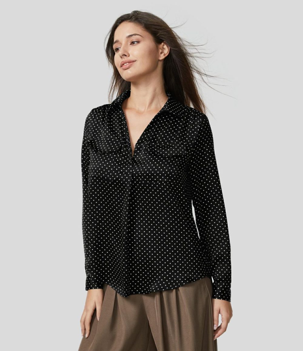 Collared Button Chest Pocket Long Sleeve Polka Dot Work Shirt  | Womens  T-Shirts Clothing Black Polka Dots/Red Polka Dots