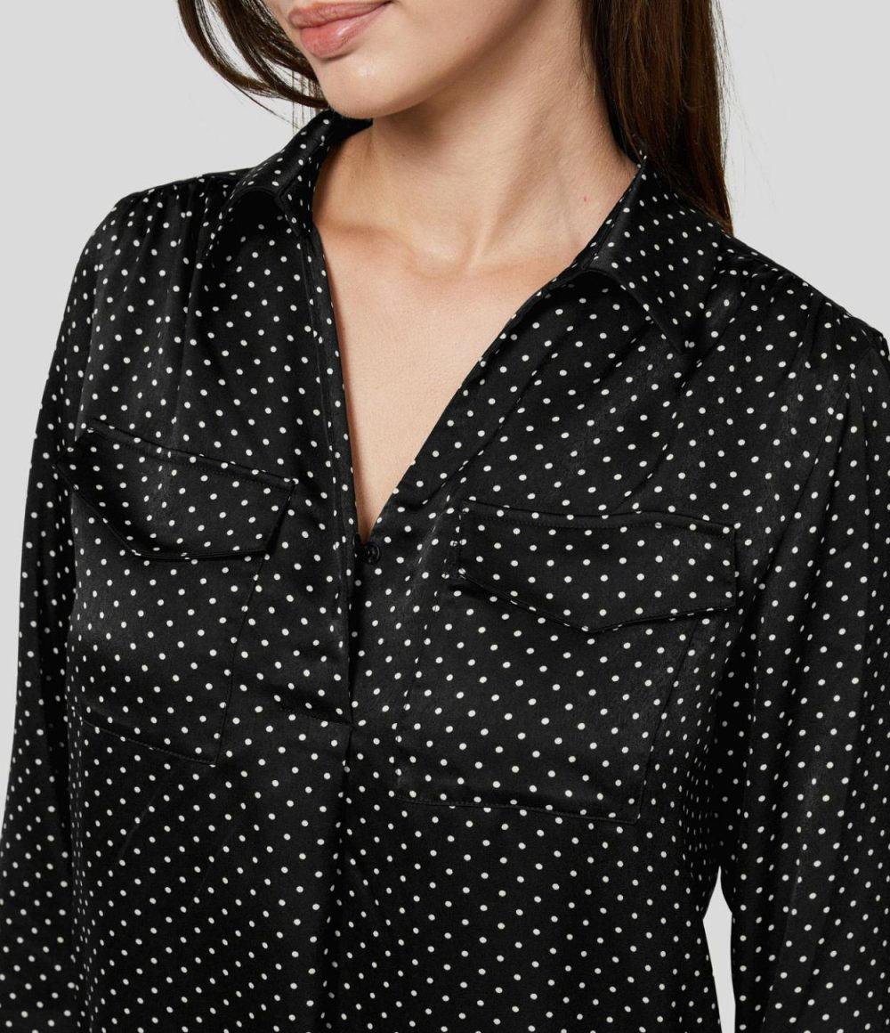 Collared Button Chest Pocket Long Sleeve Polka Dot Work Shirt  | Womens  T-Shirts Clothing Black Polka Dots/Red Polka Dots