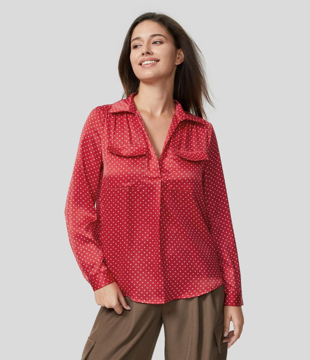 Collared Button Chest Pocket Long Sleeve Polka Dot Work Shirt  | Womens  T-Shirts Clothing Black Polka Dots/Red Polka Dots