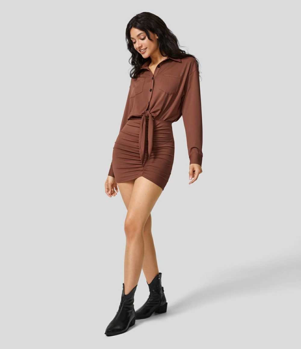 Collared Button Chest Pocket Tie Front Long Sleeve Ruched Bodycon Mini Casual Dress  | Womens  Mini Dresses Clothing Maple Syrup/Black