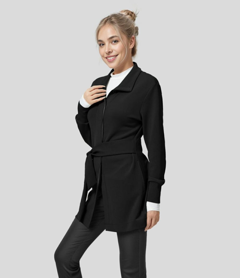 Collared Button Front Side Pocket Longline Casual Coat  | Womens  Long Sleeve Tops Clothing Black/Asparagus