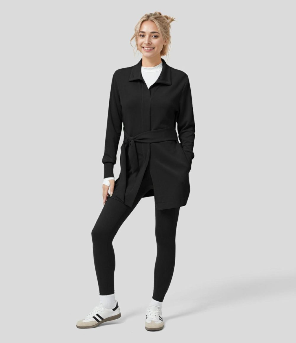 Collared Button Front Side Pocket Longline Casual Coat  | Womens  Long Sleeve Tops Clothing Black/Asparagus