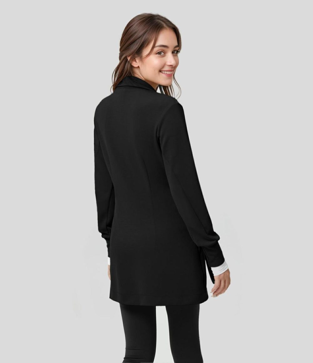 Collared Button Front Side Pocket Longline Casual Coat  | Womens  Long Sleeve Tops Clothing Black/Asparagus