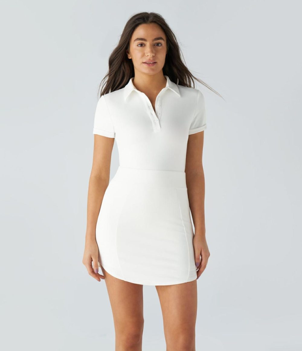 Collared Button Short Sleeve Curved Hem 2-Piece Side Pocket Bodycon Mini Golf Active Dress-Golf Tee Pocket  | Womens  Active Dresses Active Dresses Active Dresses