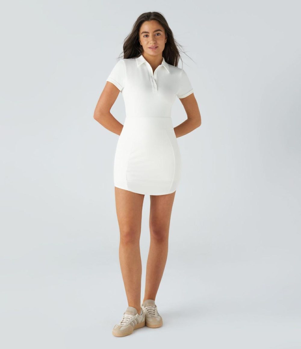 Collared Button Short Sleeve Curved Hem 2-Piece Side Pocket Bodycon Mini Golf Active Dress-Golf Tee Pocket  | Womens  Active Dresses Active Dresses Active Dresses