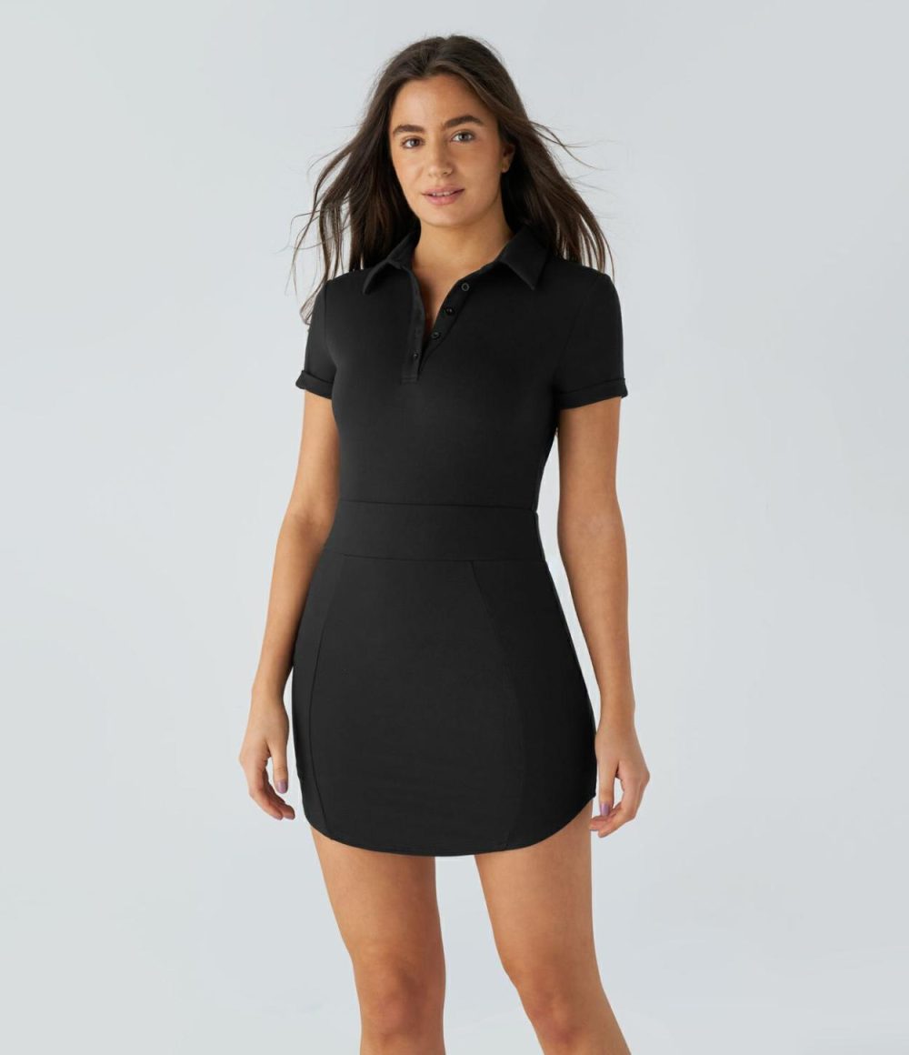 Collared Button Short Sleeve Curved Hem 2-Piece Side Pocket Bodycon Mini Golf Active Dress-Golf Tee Pocket  | Womens  Active Dresses Active Dresses Active Dresses