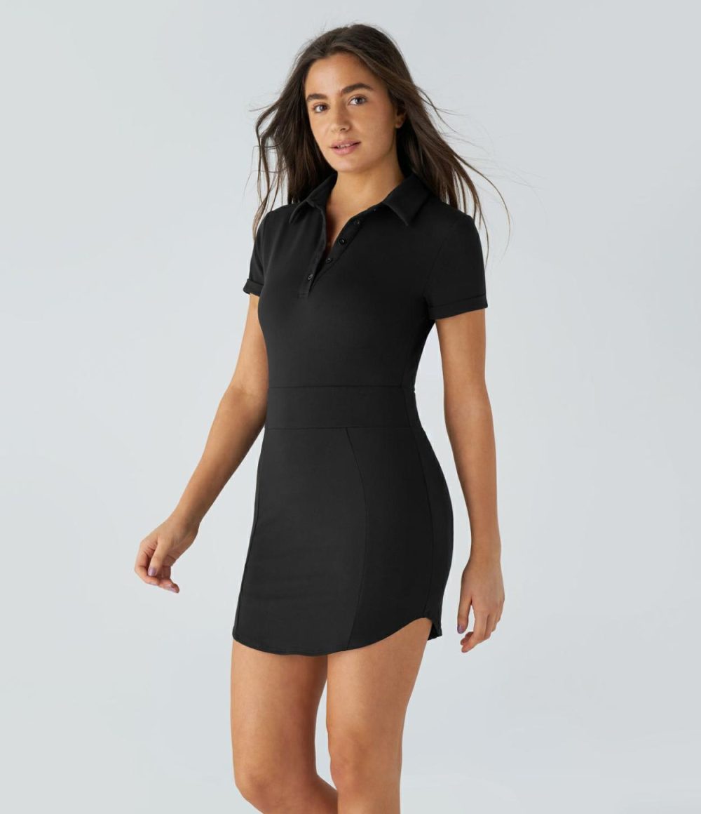 Collared Button Short Sleeve Curved Hem 2-Piece Side Pocket Bodycon Mini Golf Active Dress-Golf Tee Pocket  | Womens  Active Dresses Active Dresses Active Dresses