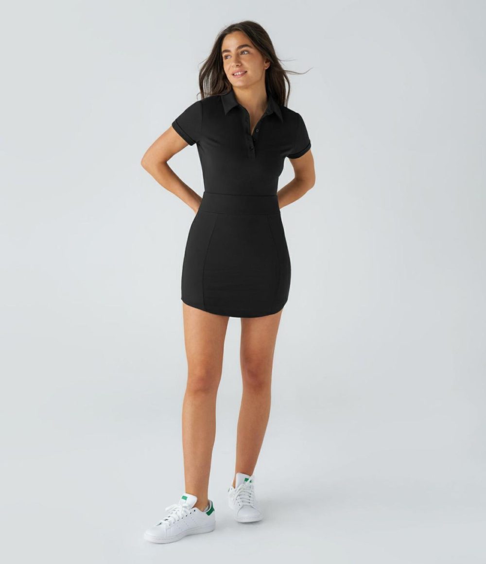 Collared Button Short Sleeve Curved Hem 2-Piece Side Pocket Bodycon Mini Golf Active Dress-Golf Tee Pocket  | Womens  Active Dresses Active Dresses Active Dresses