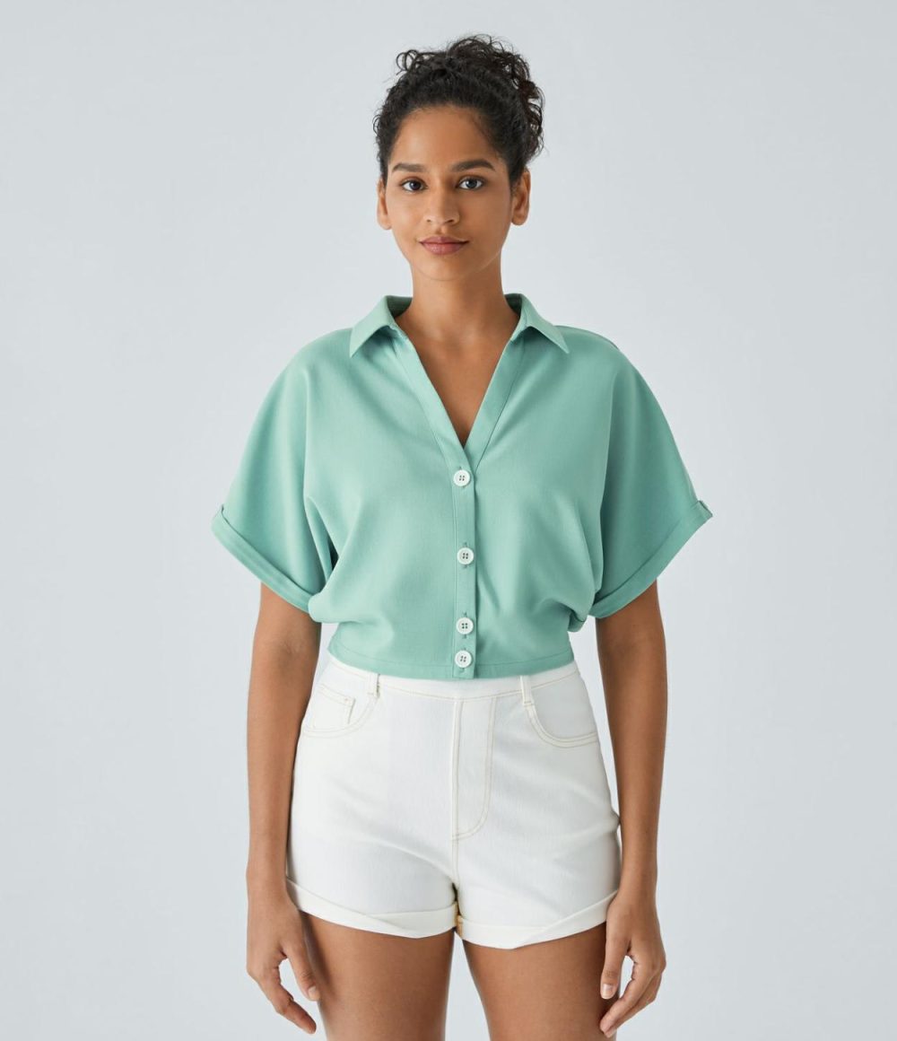 Collared Button Short Sleeve Tie Back Casual Linen-Feel Shirt  | Womens  T-Shirts Clothing Cantaloupe Green/White