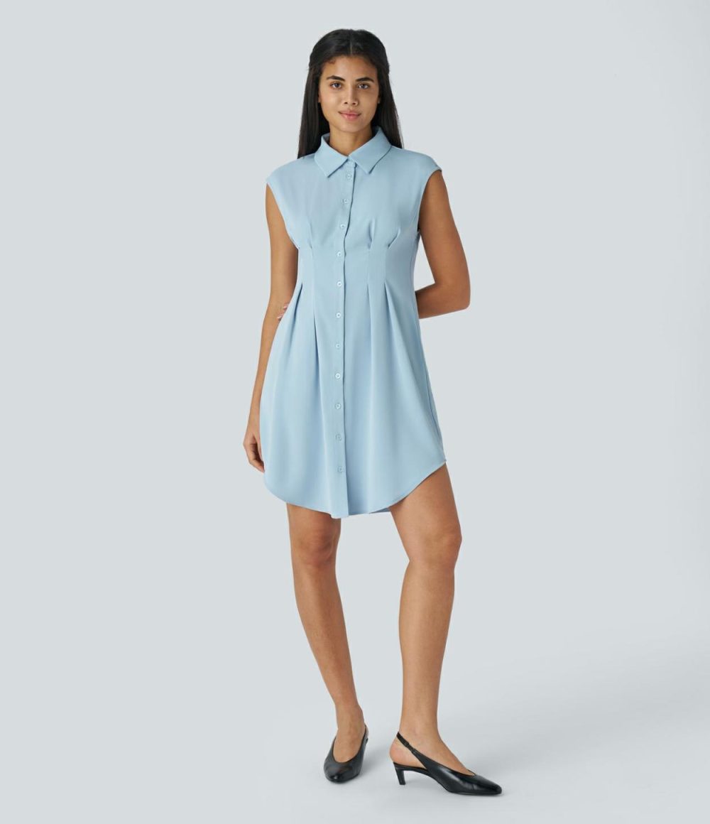 Collared Button Sleeveless Plicated Curved Hem Mini Work Shirt Dress  | Womens  Mini Dresses Clothing Black/Dream Blue