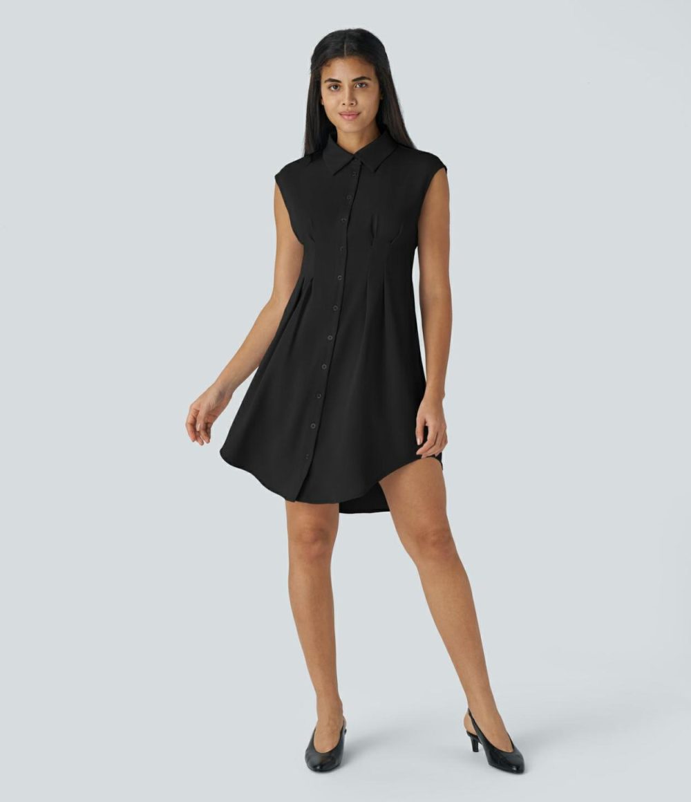 Collared Button Sleeveless Plicated Curved Hem Mini Work Shirt Dress  | Womens  Mini Dresses Clothing Black/Dream Blue