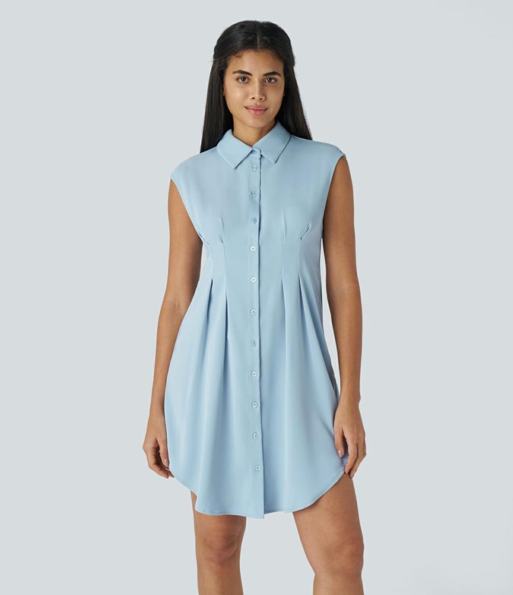 Collared Button Sleeveless Plicated Curved Hem Mini Work Shirt Dress  | Womens  Mini Dresses Clothing Black/Dream Blue