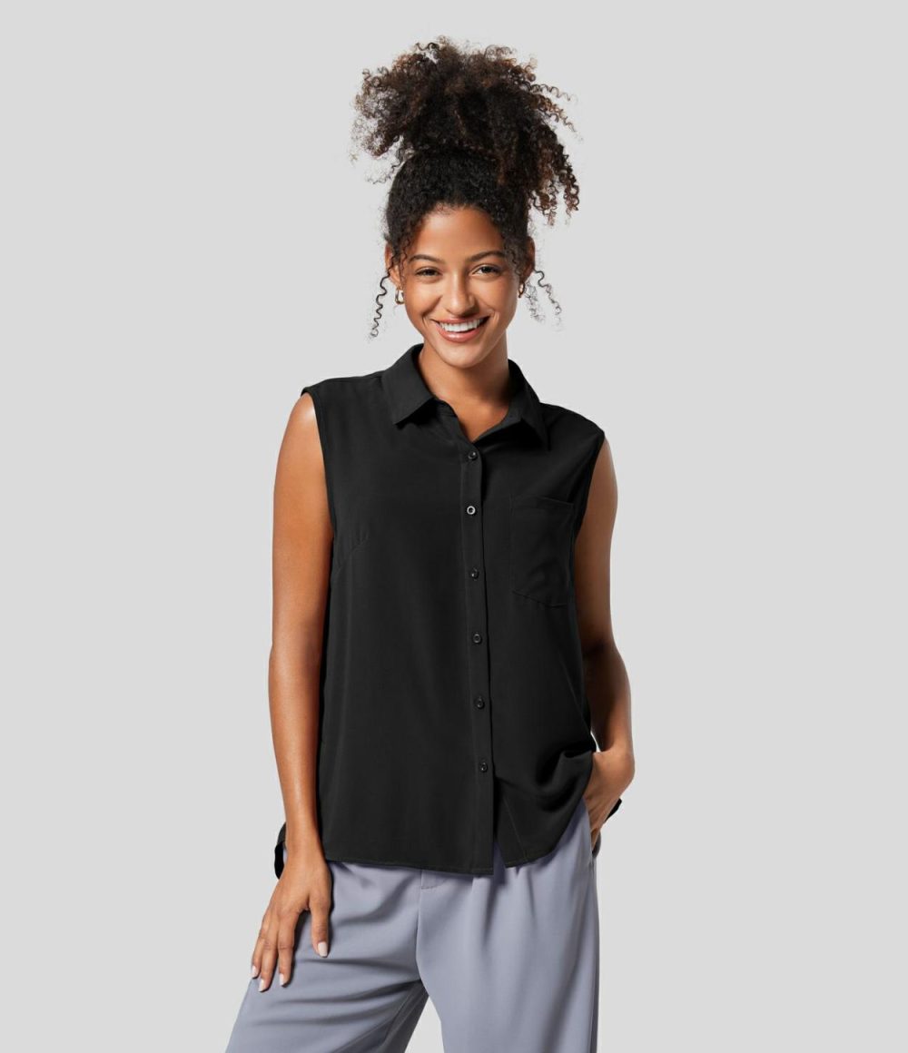 Collared Button Sleeveless Pocket High Low Split Hem Work Shirt  | Womens  T-Shirts Clothing Black/Mahogany